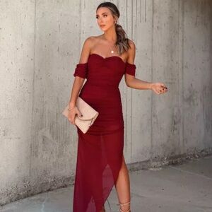 MABLE - Maroon Off the Shoulder Sheer Maxi Dress (size: XS)